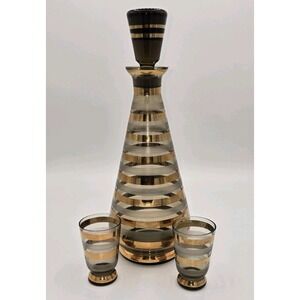 Vintage Decanter Set Gold Banded‎ Liquor Carafe Barware with Two Glasses 11"